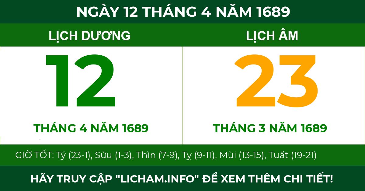 lịch âm ngày 12 tháng 4 năm 1689