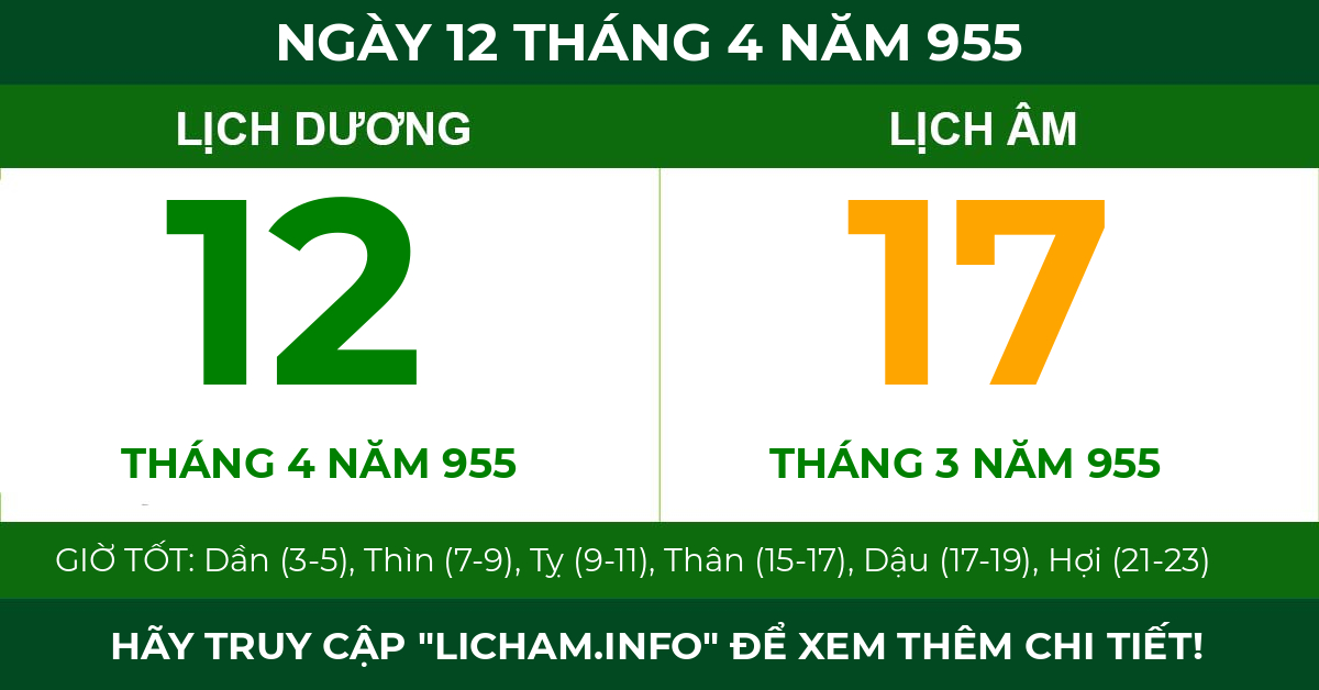 lịch âm ngày 12 tháng 4 năm 955
