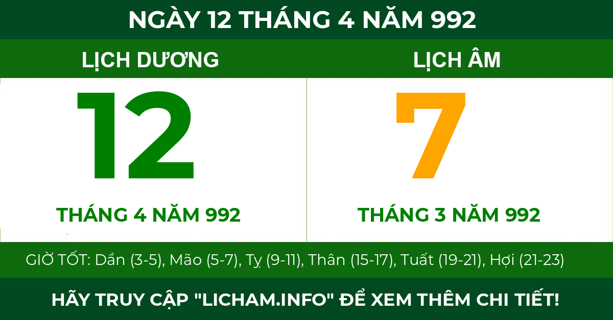lịch âm ngày 12 tháng 4 năm 992