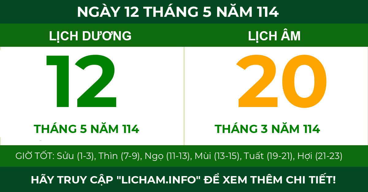 lịch âm ngày 12 tháng 5 năm 114