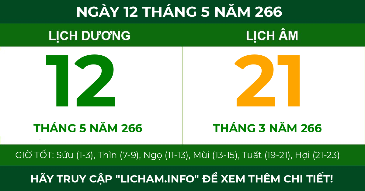 lịch âm ngày 12 tháng 5 năm 266