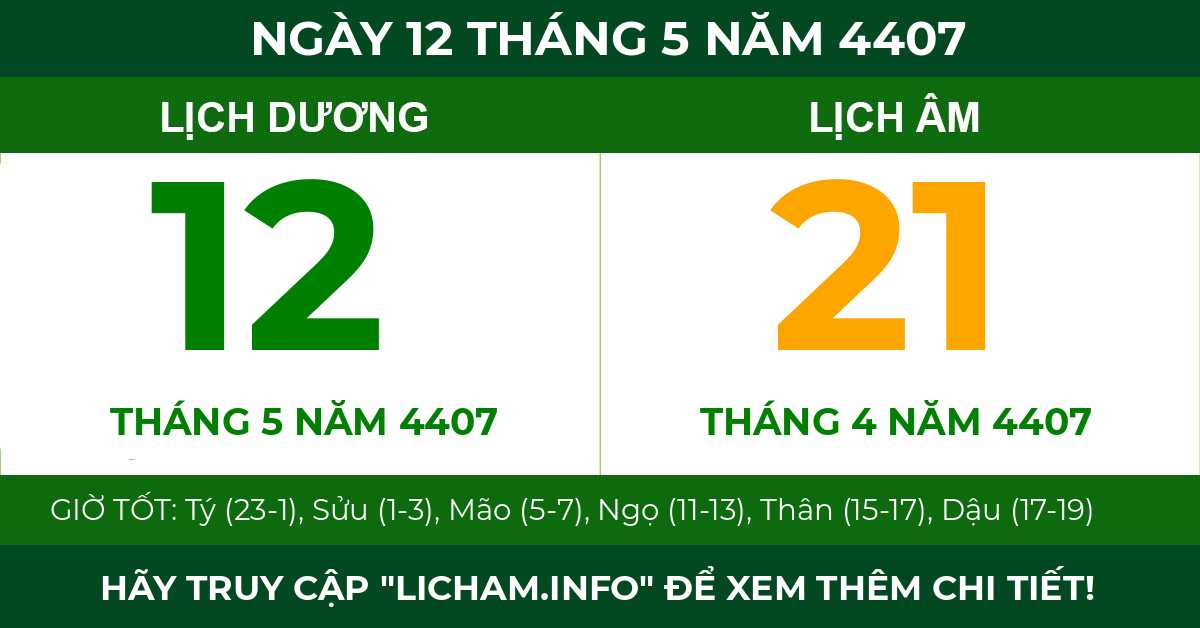 lịch âm ngày 12 tháng 5 năm 4407