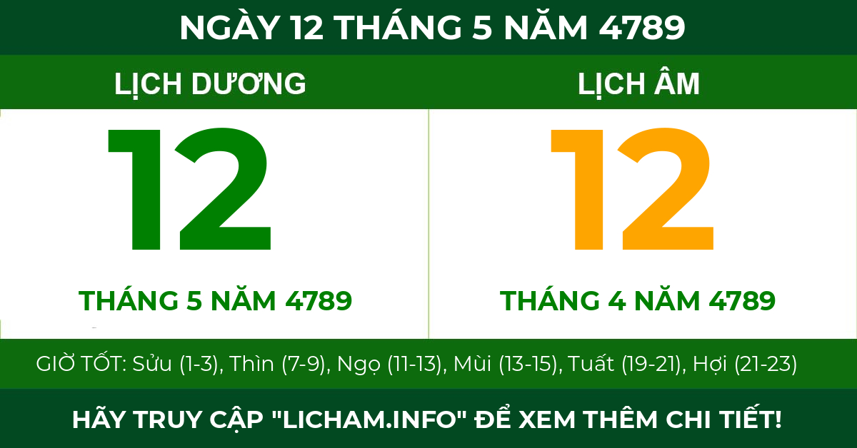 lịch âm ngày 12 tháng 5 năm 4789