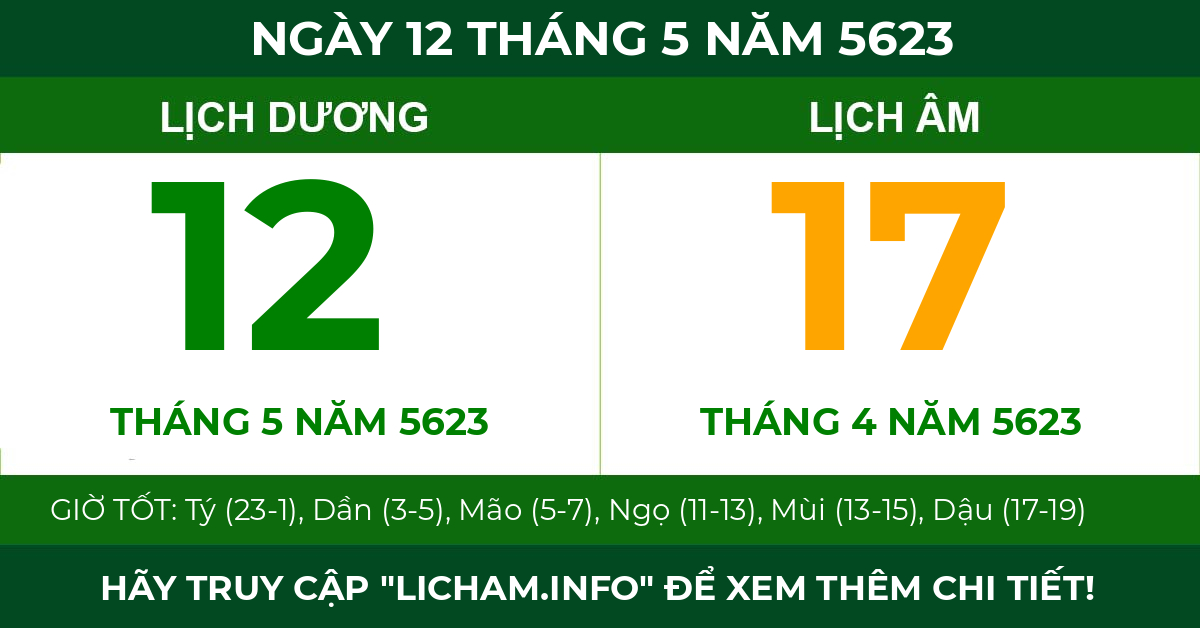 lịch âm ngày 12 tháng 5 năm 5623