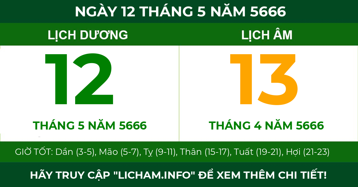 lịch âm ngày 12 tháng 5 năm 5666