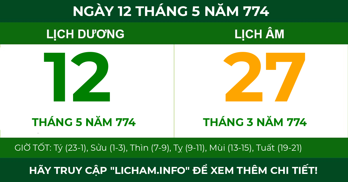lịch âm ngày 12 tháng 5 năm 774