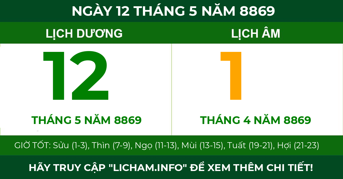 lịch âm ngày 12 tháng 5 năm 8869