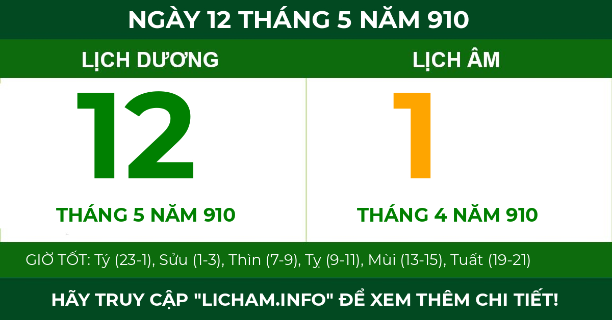 lịch âm ngày 12 tháng 5 năm 910