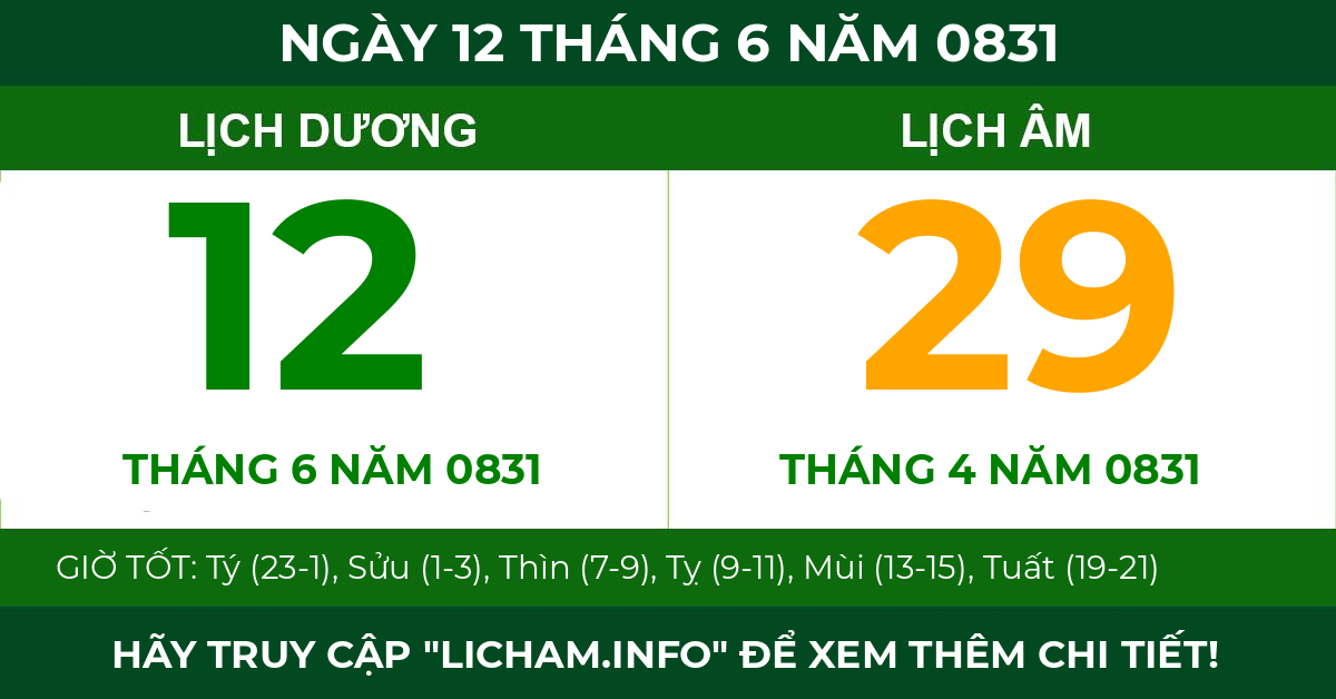 lịch âm ngày 12 tháng 6 năm 0831