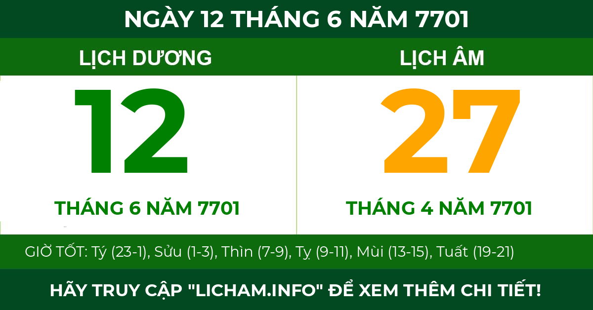 lịch âm ngày 12 tháng 6 năm 7701
