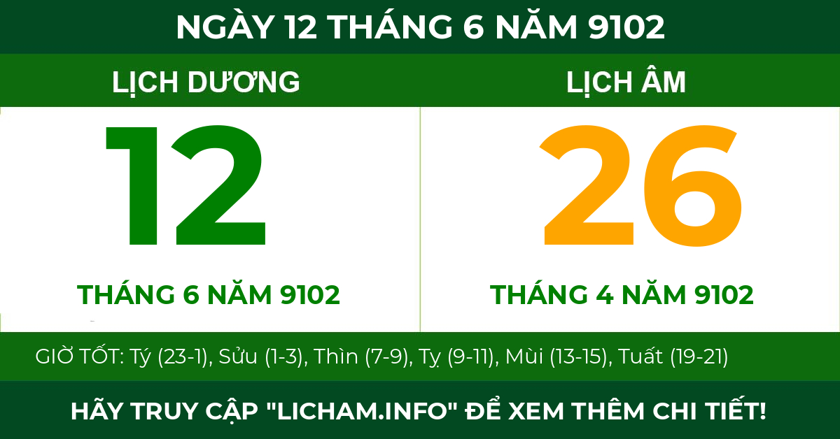 lịch âm ngày 12 tháng 6 năm 9102