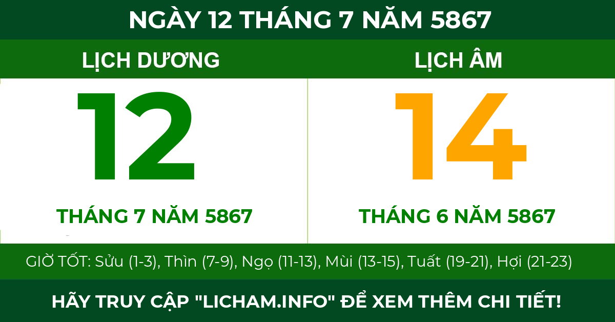 lịch âm ngày 12 tháng 7 năm 5867