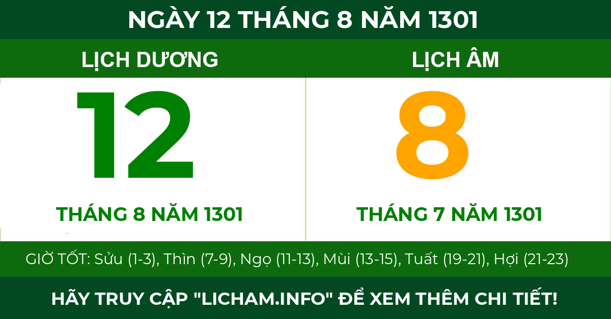 lịch âm ngày 12 tháng 8 năm 1301