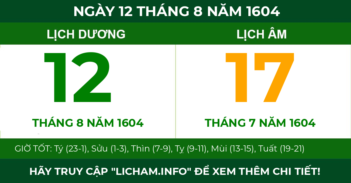 lịch âm ngày 12 tháng 8 năm 1604