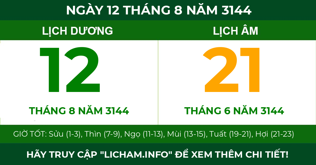 lịch âm ngày 12 tháng 8 năm 3144