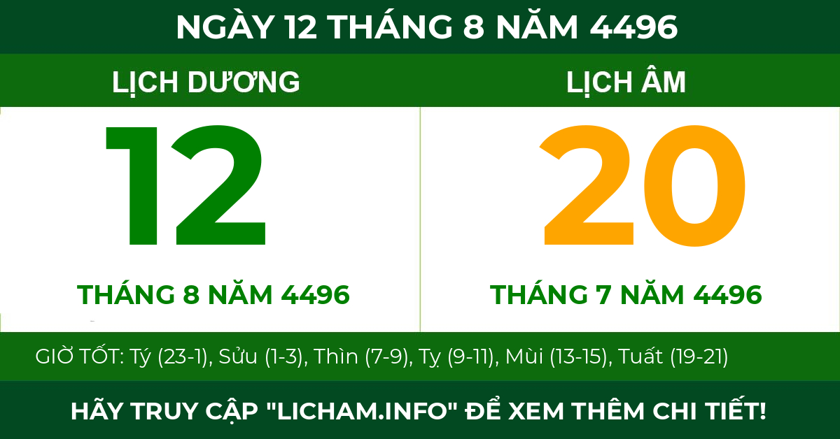 lịch âm ngày 12 tháng 8 năm 4496