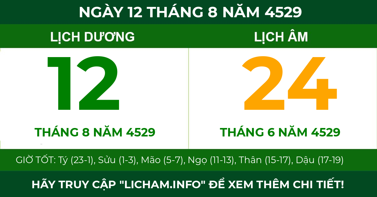 lịch âm ngày 12 tháng 8 năm 4529