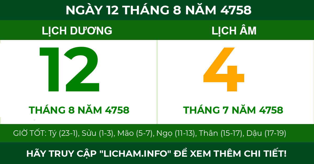 lịch âm ngày 12 tháng 8 năm 4758