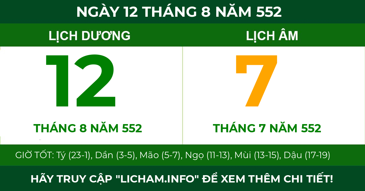 lịch âm ngày 12 tháng 8 năm 552