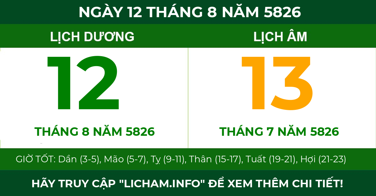 lịch âm ngày 12 tháng 8 năm 5826