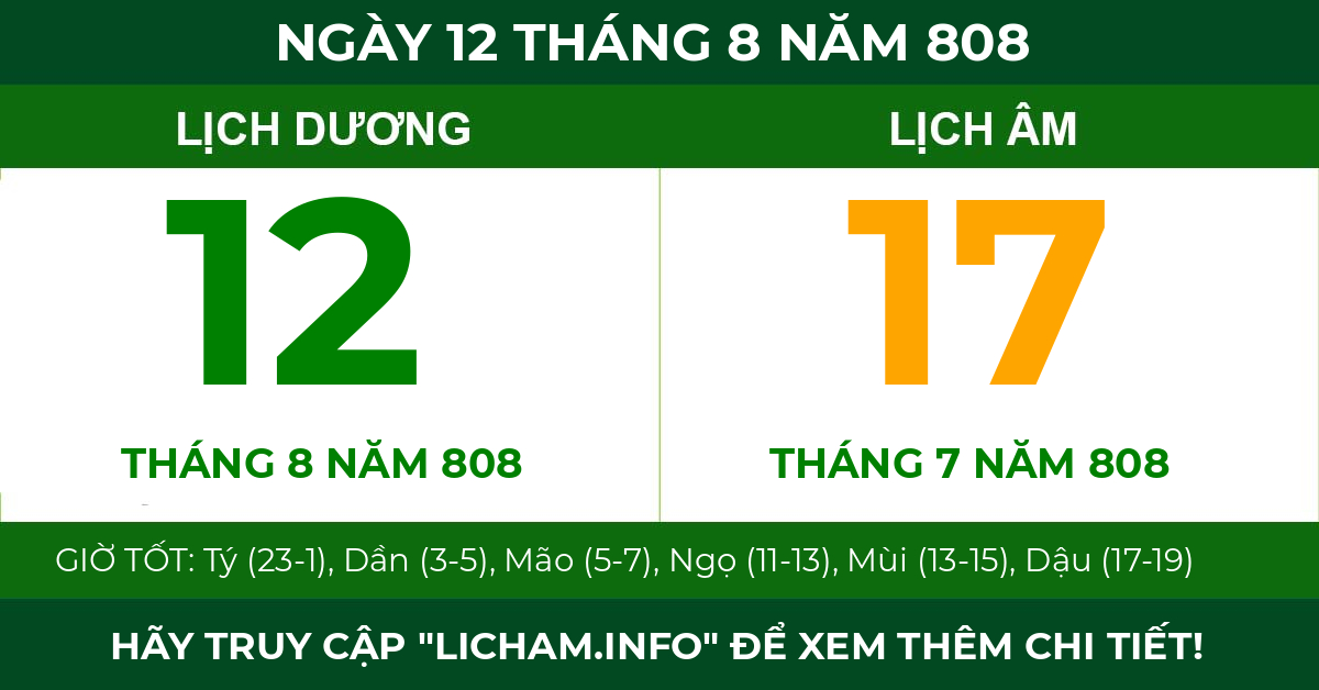 lịch âm ngày 12 tháng 8 năm 808