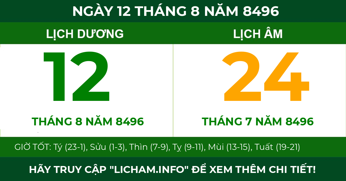 lịch âm ngày 12 tháng 8 năm 8496