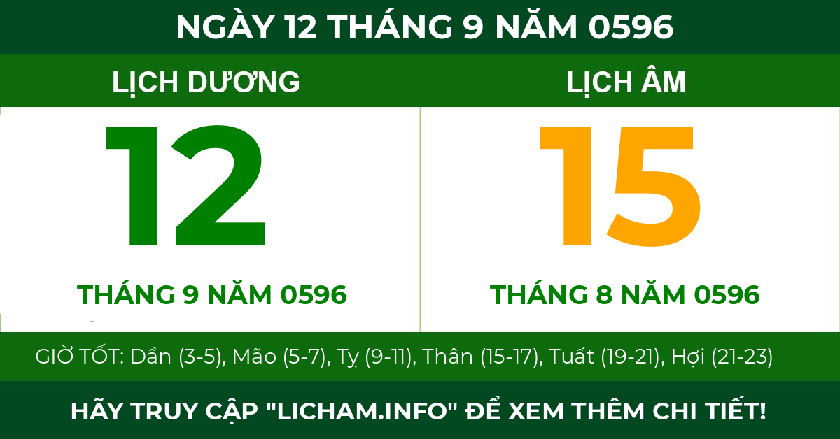 lịch âm ngày 12 tháng 9 năm 0596