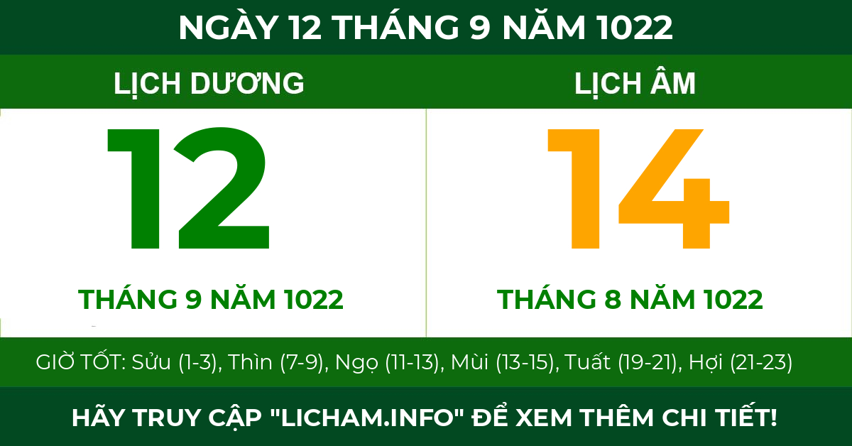 lịch âm ngày 12 tháng 9 năm 1022