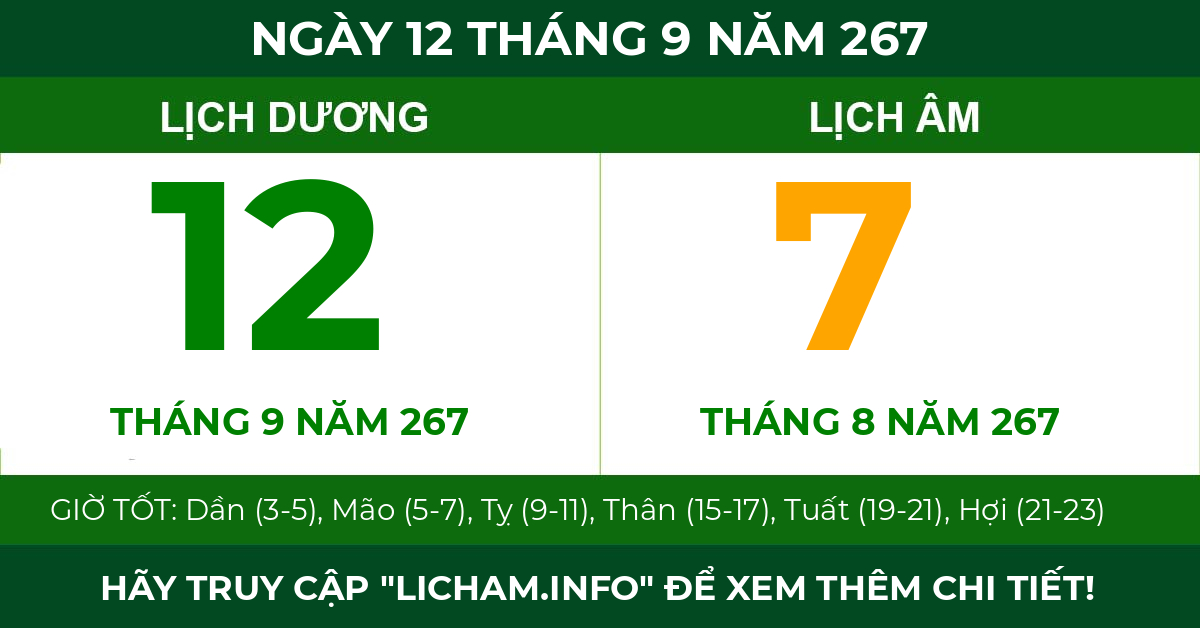 lịch âm ngày 12 tháng 9 năm 267