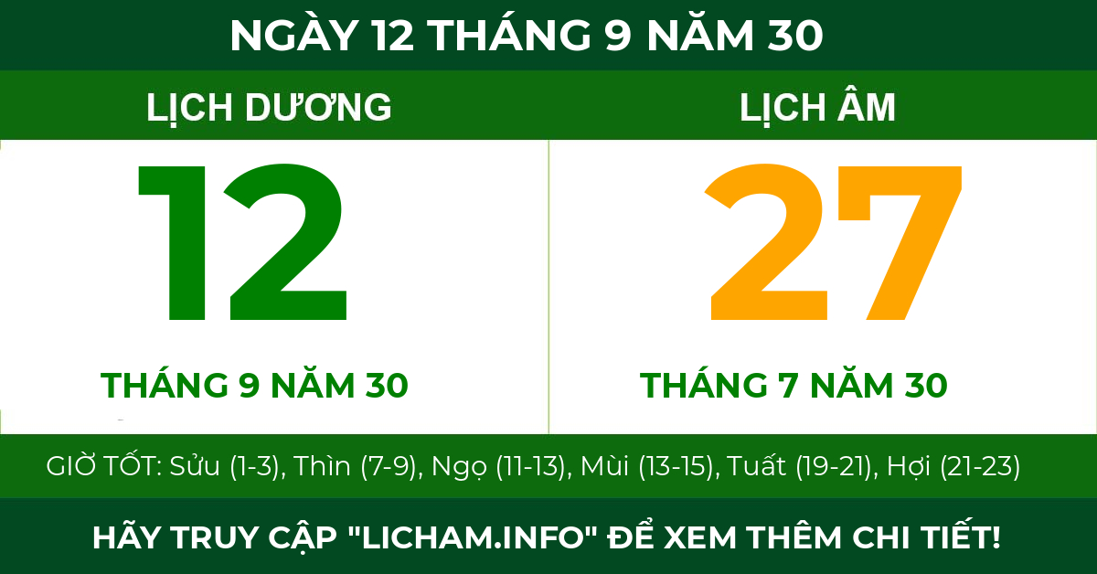 lịch âm ngày 12 tháng 9 năm 30