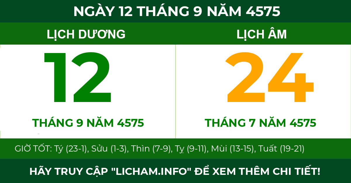 lịch âm ngày 12 tháng 9 năm 4575