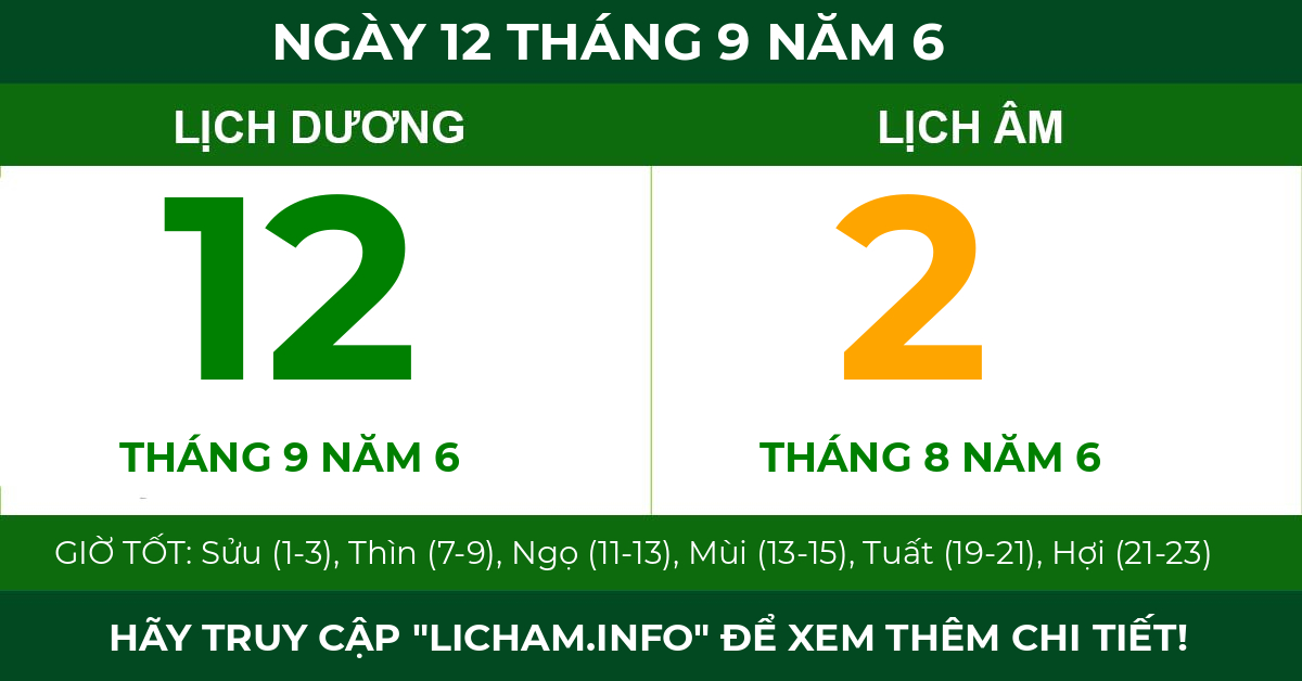 lịch âm ngày 12 tháng 9 năm 6