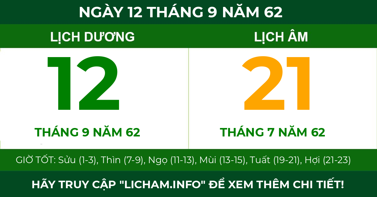 lịch âm ngày 12 tháng 9 năm 62