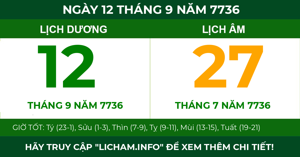 lịch âm ngày 12 tháng 9 năm 7736