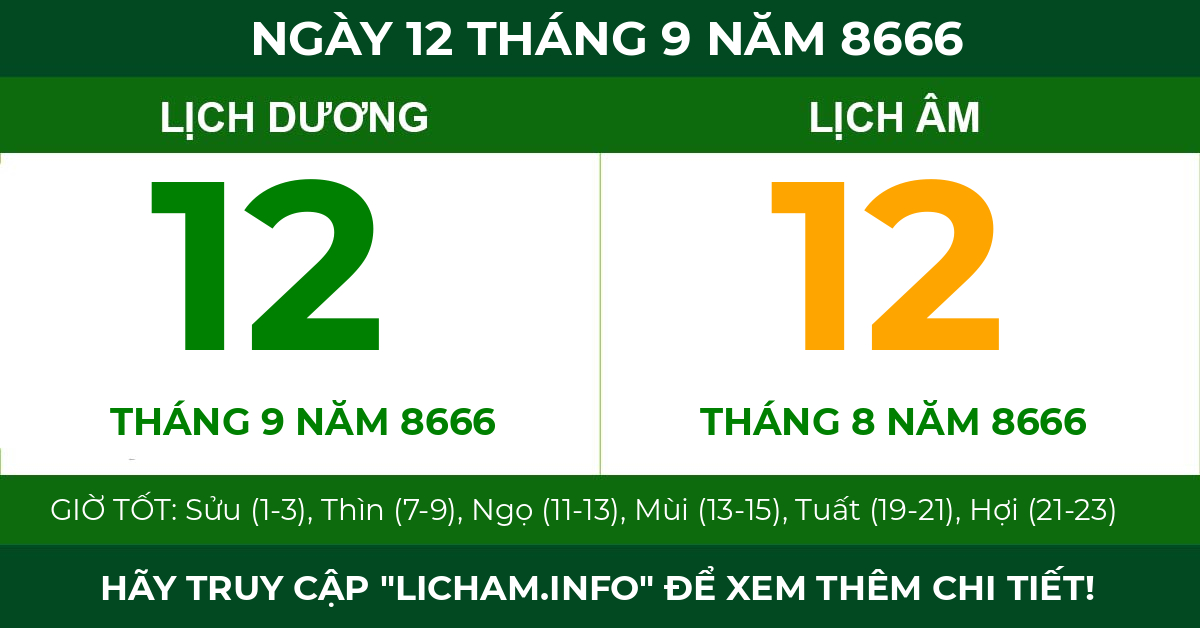lịch âm ngày 12 tháng 9 năm 8666