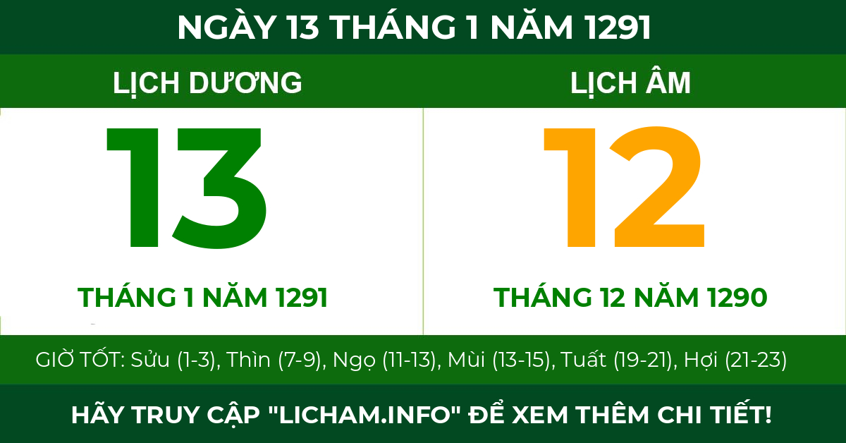lịch âm ngày 13 tháng 1 năm 1291