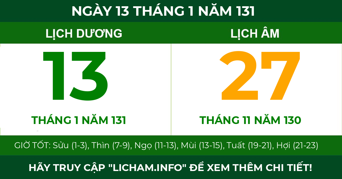 lịch âm ngày 13 tháng 1 năm 131