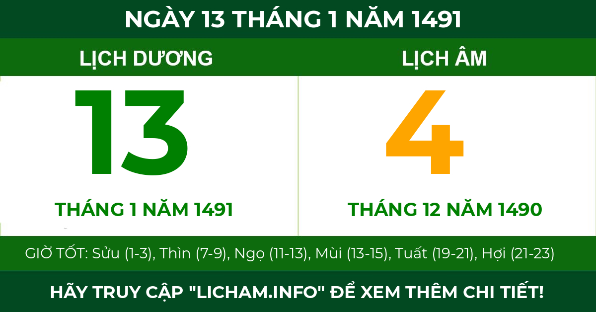 lịch âm ngày 13 tháng 1 năm 1491