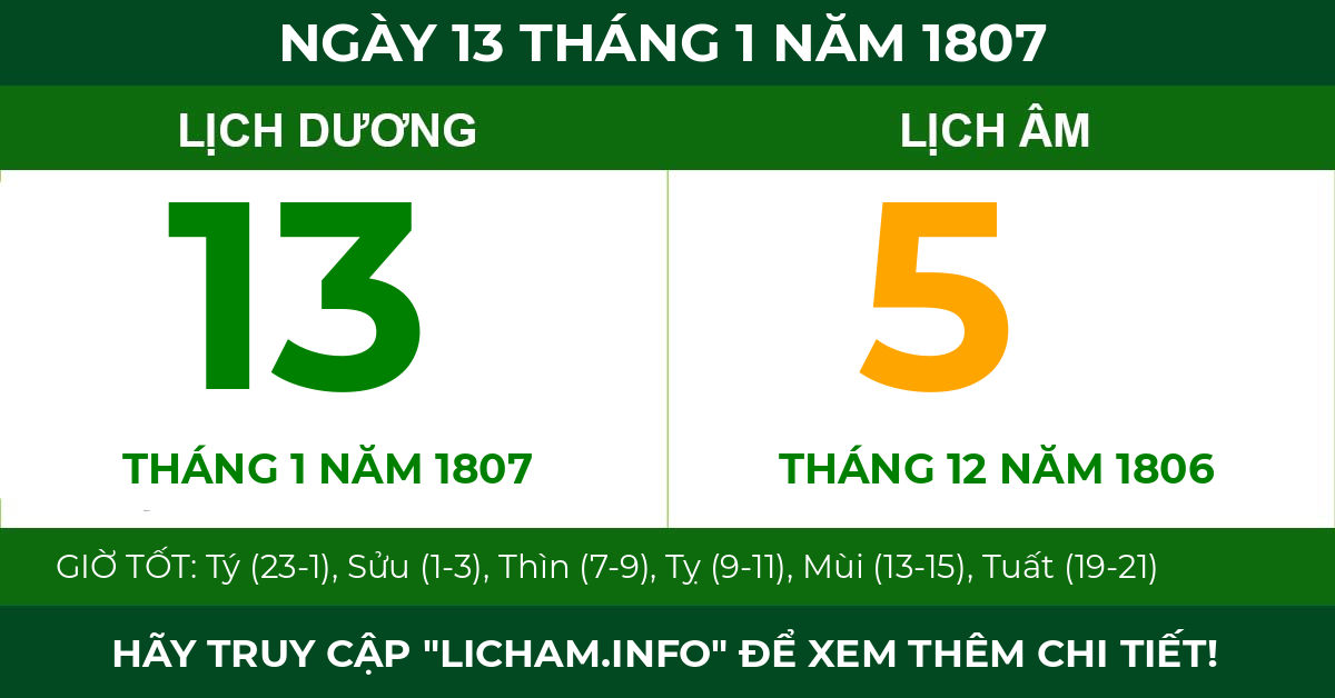 lịch âm ngày 13 tháng 1 năm 1807