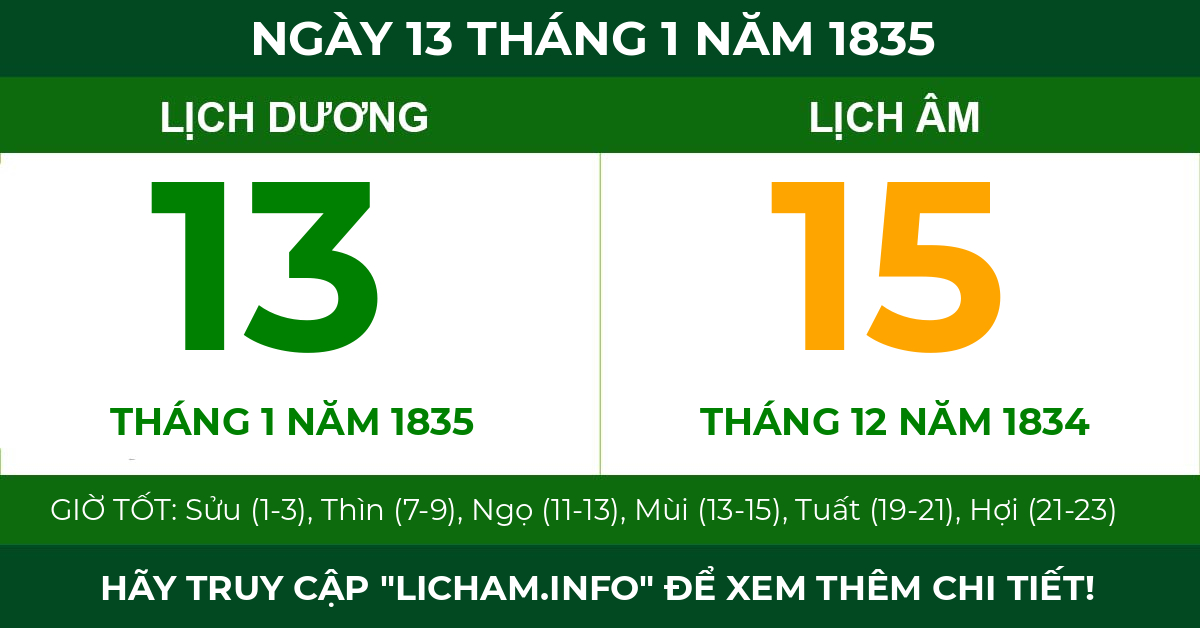 lịch âm ngày 13 tháng 1 năm 1835