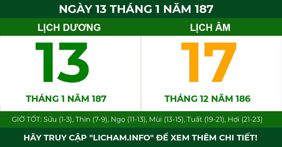 lịch âm ngày 13 tháng 1 năm 187