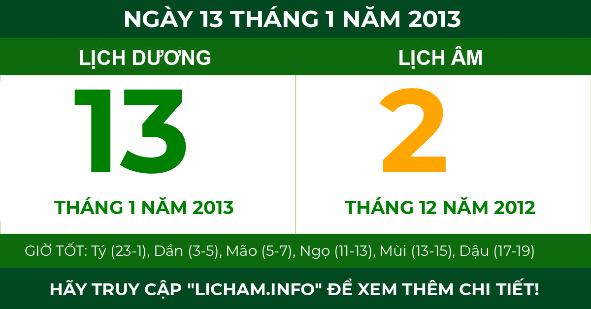 lịch âm ngày 13 tháng 1 năm 2013