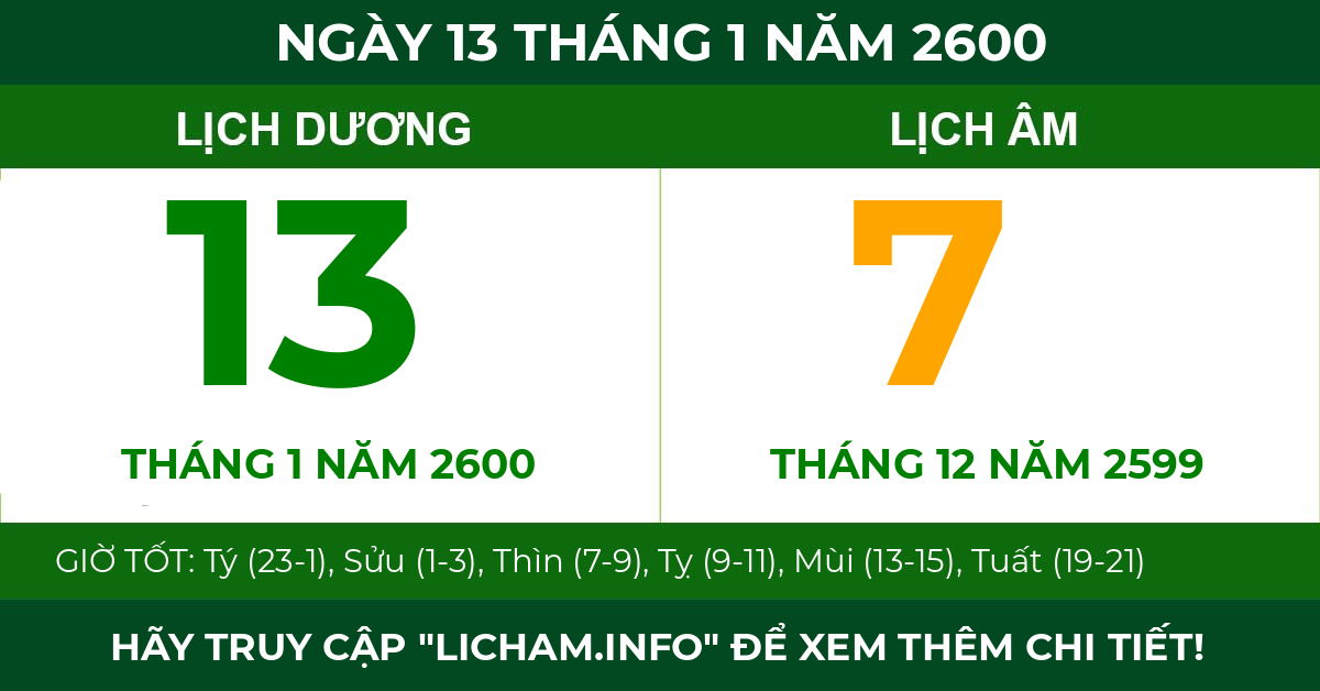 lịch âm ngày 13 tháng 1 năm 2600