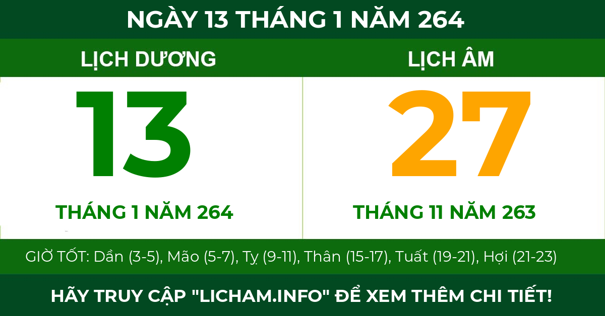 lịch âm ngày 13 tháng 1 năm 264