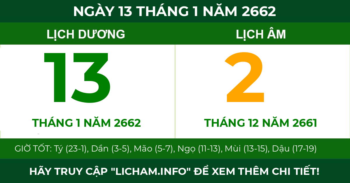 lịch âm ngày 13 tháng 1 năm 2662