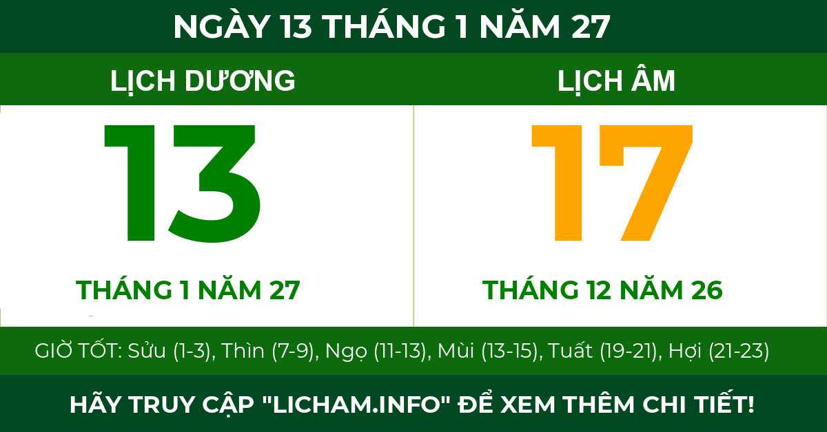 lịch âm ngày 13 tháng 1 năm 27