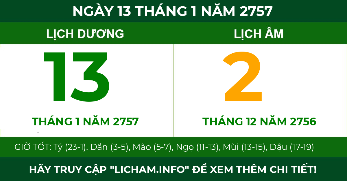 lịch âm ngày 13 tháng 1 năm 2757