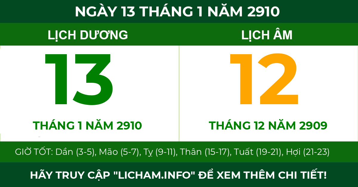 lịch âm ngày 13 tháng 1 năm 2910