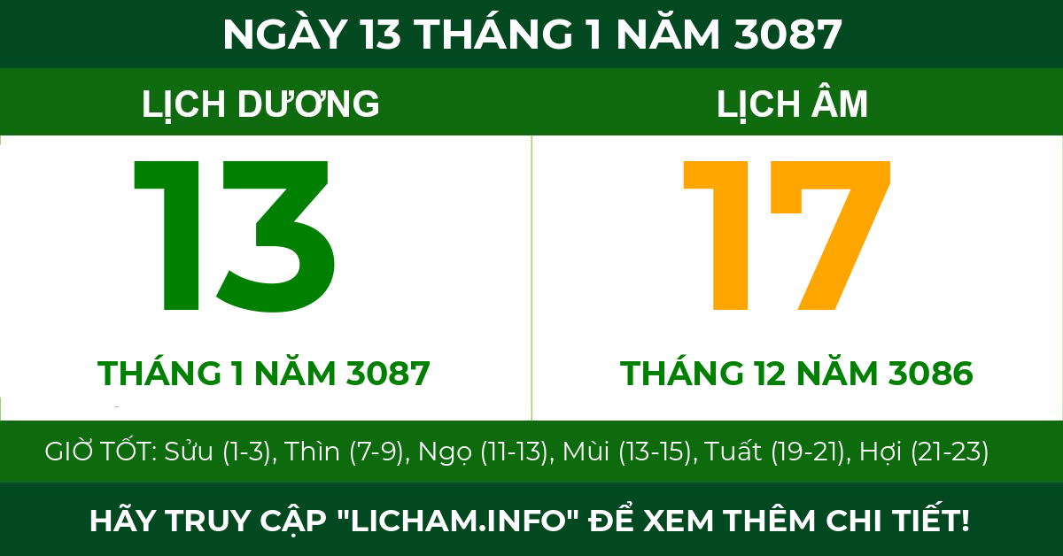 lịch âm ngày 13 tháng 1 năm 3087