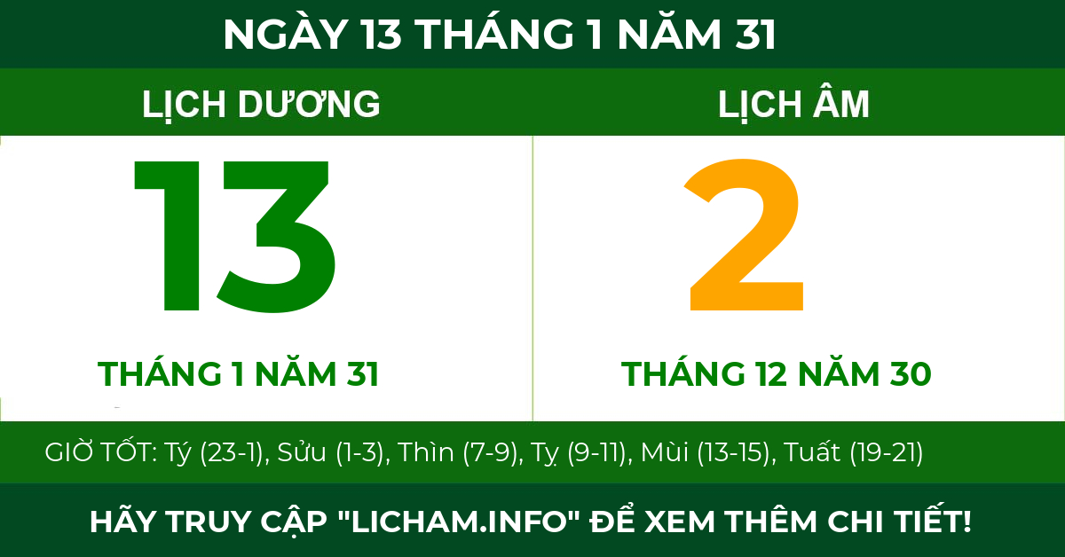 lịch âm ngày 13 tháng 1 năm 31